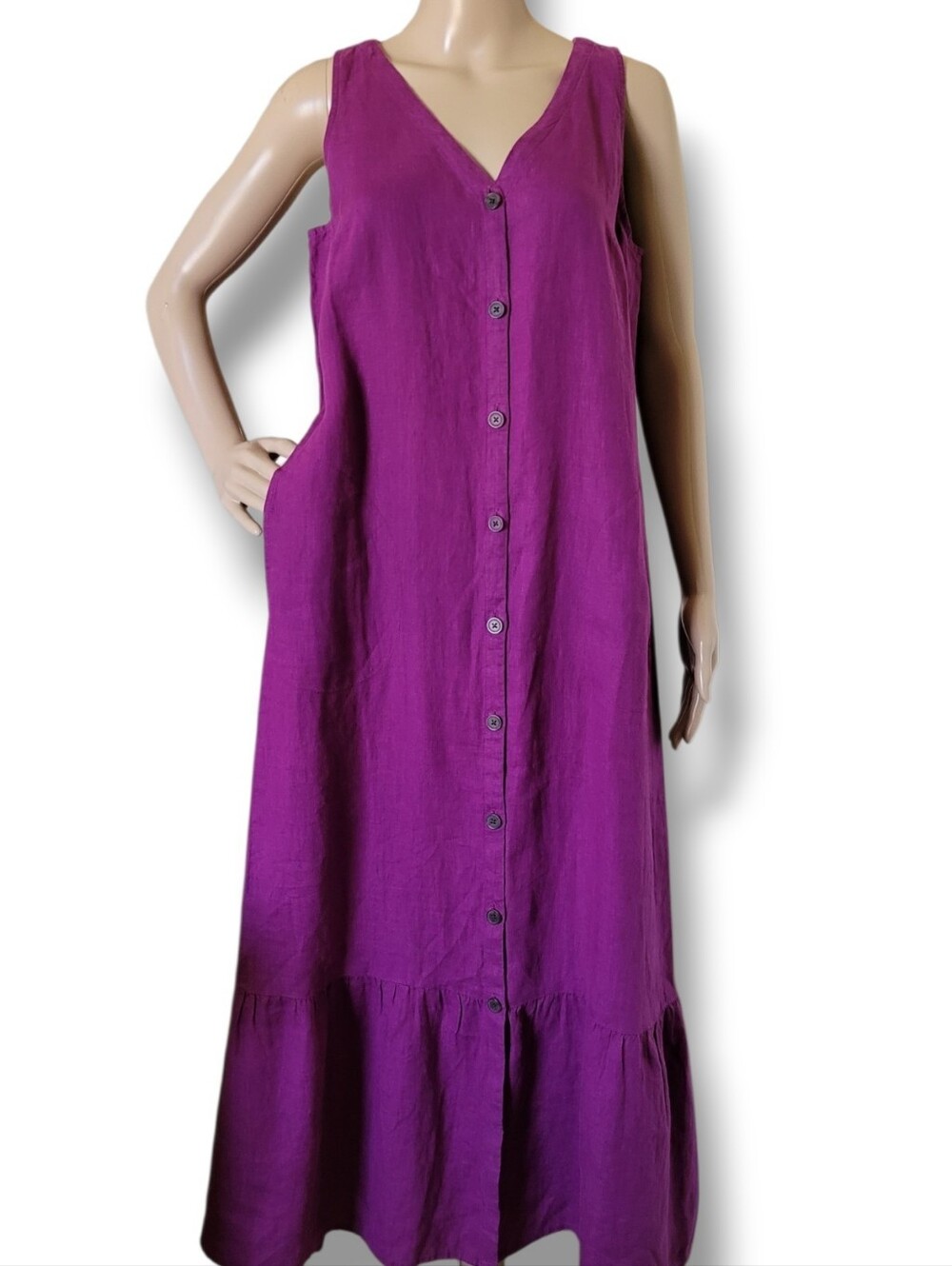 J. Jill Love 100% Linen Tiered Midi Dress S V Neck Button Down Mulberry - Picture 4 of 7